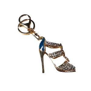 Keychain Rose Gold Tone Rhinestones Blue Enamel High Heel Bling